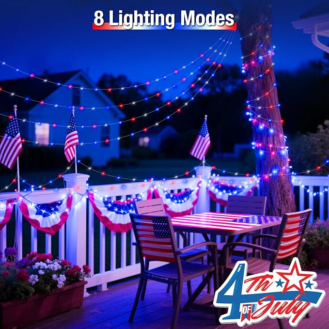 btfarm 4 Pack Red White and Blue Solar Fairy Lights | 4th of July Solar String Lights Outdoor Waterproof, 320LED 132FT Memorial Independence Day Patriotic for Tree Garden Patio