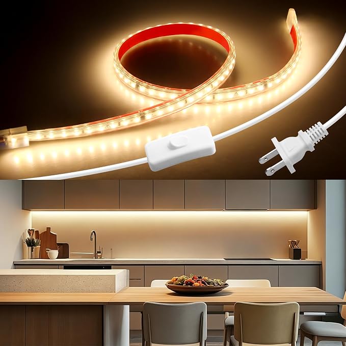 Waterproof Under Cabinet Strip Lights Plug in with Switch 24in Self-Adhsive Warm White 3000K AC 110V LED Light Bar Outdoor 120LED/M Super Bright Flexible LED lights Strip for Shelf Kitchen Counter