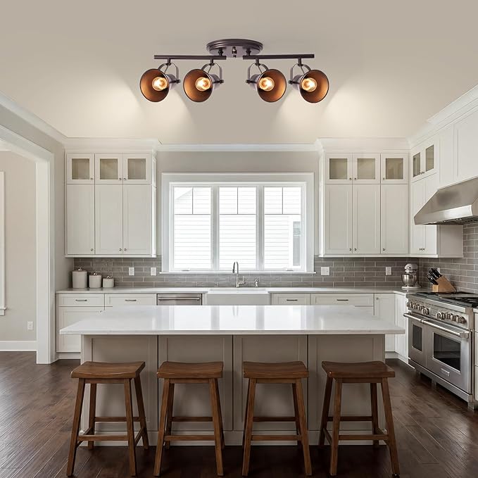 SEEBLEN 4-Light Brown Track Lighting Fixtures Ceiling, Directional Ceiling Spotlight with 4 Rotatable Heads, Modern Industrial Flush Mount Ceiling Light for Kitchen Island, Dining Room, Hallway