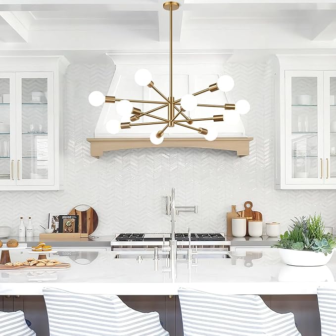 Sputnik Chandeliers Dining Room Light Fixture (12-Light, 33-Inch), Modern Brushed Brass Chandelier, Height Adjustable Mid Century Modern Chandeliers for Dining Room Kitchen (Bulbs not Included)