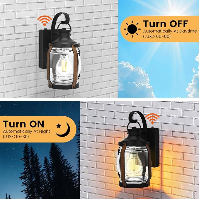 b&k Jasmine Dusk to Dawn Outdoor Wall Sconce Lights, Outdoor Porch Lights Wall Mount 2 Pack, Black Modern Farmhouse Outside Wall Lantern, Waterproof Exterior Garage Lights Fixture for House, E26