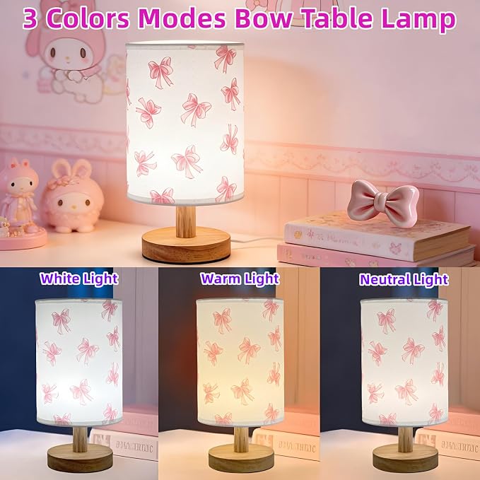 Pink Bow Bedside Table Lamp for Bedroom,Kids Room Decorative Lights 3 Colors Dimmable Nightstand Night Light with Flaxen Fabric Shade Desk Lamp for Girls Boys Birthday Gifts for Home Living room Decor