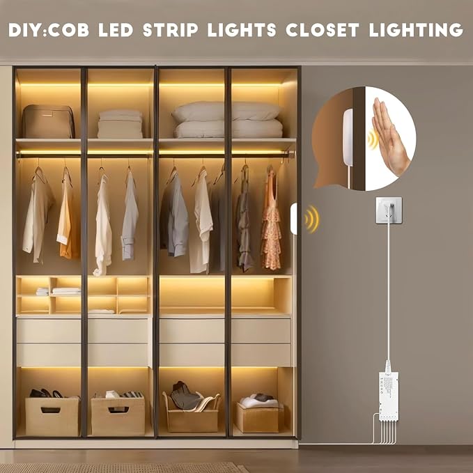 COB LED Strip Lights 12V Penetrable Wood Touch Dimmable LED Under Cabinet Light Kit with 60W Adapter 2M/6.56FT Flexible COB LED Strip for DIY Kitchen,Cabinet,Counter,Shelf,Showcase Decor