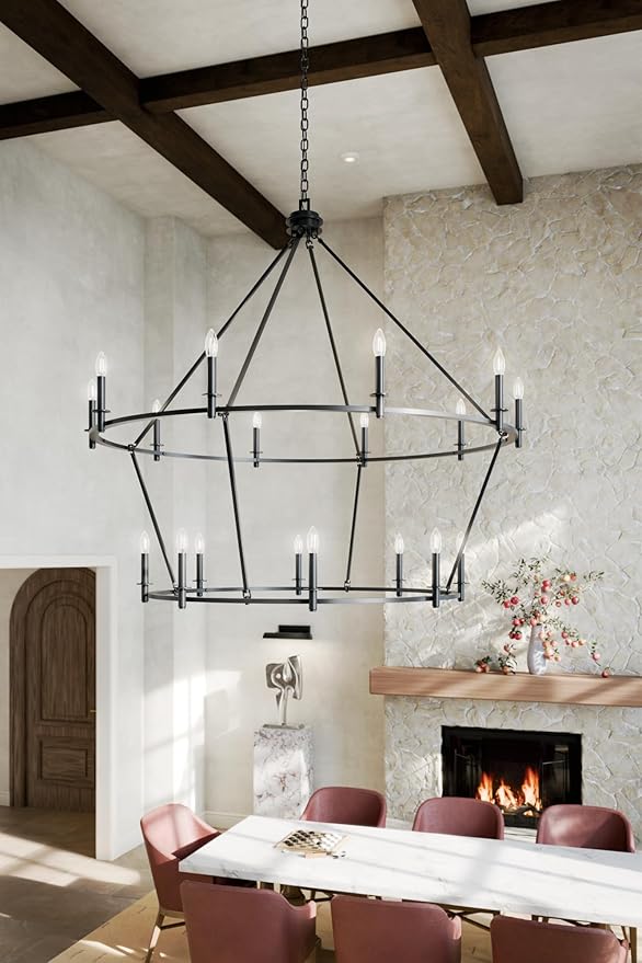 KICHLER Carrick 18-Light 2-Tier Chandelier, Updated Traditional Light in Black, Sloped Ceiling Compatible, for Grand Foyer or Great Room (49.75" x 54.25"), 52708BK