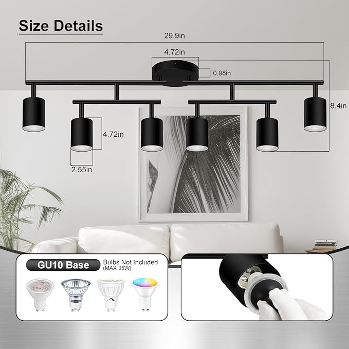 6 Light Track Lighting Fixtures Ceiling, Matte Black Kichen Track Lighting Fixtures with Rotatable Light Heads, Upgrade Light Poles, Modern LED Sopt Lights for Kitchen/Hallway, No GU10 Bulb