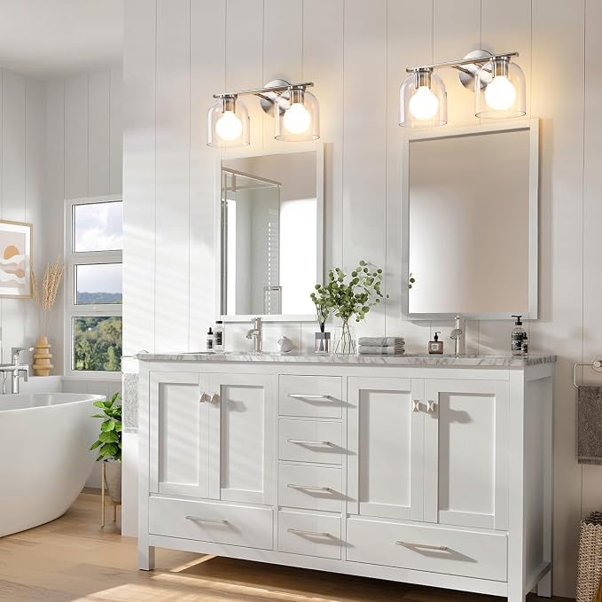 WOSHITU Modern Brushed Nickel 14.2 Inch Bathroom Vanity Light Fixtures: 2 Light Sconces with Clear Glass Shade for Above Mirror, Wall Mount
