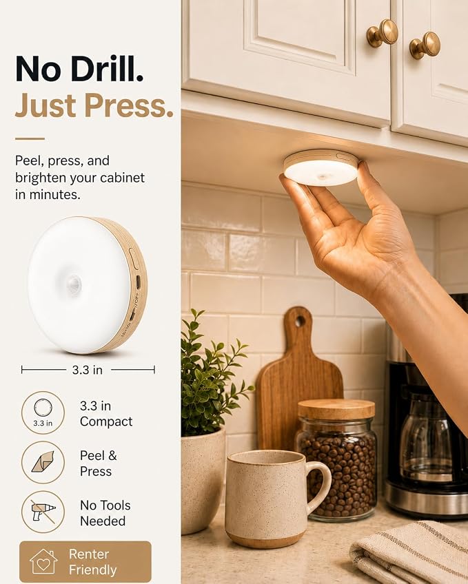 EZVALO Under Cabinet Lighting, 1000mAh Rechargeable Puck Lights with Remote, 3 Color Temps & 12 RGB Motion Sensor Closet Lights Indoor, Dimmable Under Counter Lights for Kitchen (Wood Grain, 6 Packs)
