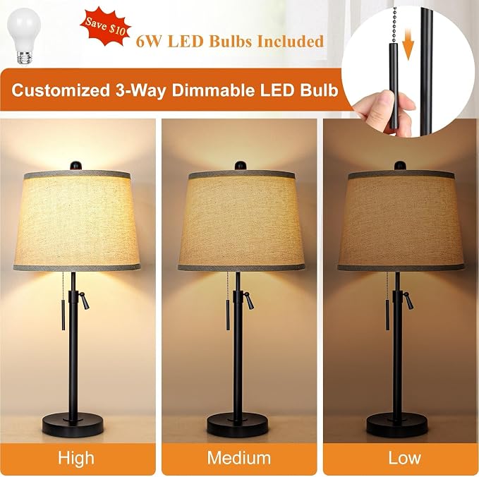 Black Bedside Lamp Tall Table Lamp 22" to 30" Adjustable Height 3 Brightness Way Nightstand with Beige Linen Shade Pull Chain Pole Lights for Living Room Guest Bedroom End Table(Bulb Included, Single)
