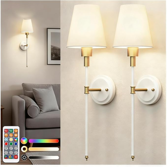 Battery Operated Wall Sconce: Set of 2 Wireless Wall Light 12000mAh | 15 Color Rechargeable Wall Sconces, Sconce Wall Decor Set of 2 for Bedroom, Living Room, Gold, 24.6in