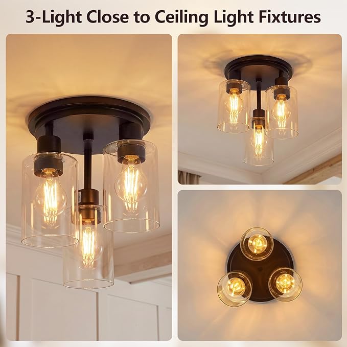Semi Flush Mount Ceiling Light, 3-Light Close to Ceiling Light Fixtures, Vintage Oil-Rubbed Bronze Finish Kitchen Light Fixture with Clear Seeded Glass Shade Patriot Lighting for Entryway, 8.8"X11"