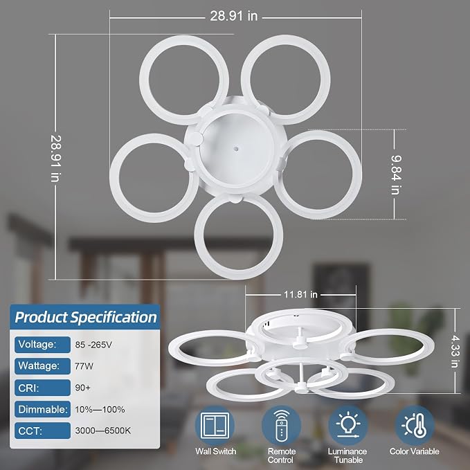LED Ceiling Light, 6-Ring Modern Flush Mount Fixture, 77W Dimmable 3000K–6500K, White Ceiling Light with Remote for Living Room Bedroom Kitchen (28.9")
