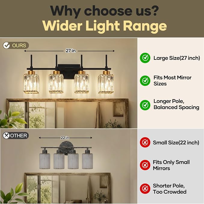 Torondo Modern Crystal Bathroom Vanity Light 4-Lights Gold Bathroom Light Fixtures Over Mirror Black and Gold Vanity Lighting Fixtures Gold Square Shade Brass Wall Sconce (Bulbs Not Include)