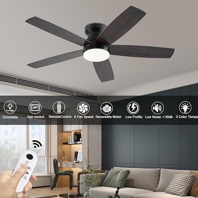 Ceiling Fans with Lights, 48Inch Low Profile Ceiling Fan with Light and Remote/App Control, Flush Mount, Reversible, 3CCT, Dimmable, Noiseless, Indoor/Outdoor Patios (Brown)