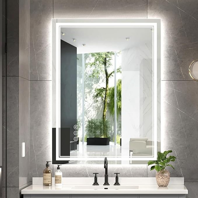 Ratsamee 24x32 Inch LED Bathroom Mirror with Frontlit & Backlit, Lighted Mirror for Bathroom Wall with 3-Color Dimmable & Anti-Fog, Vanity Mirror with Lights