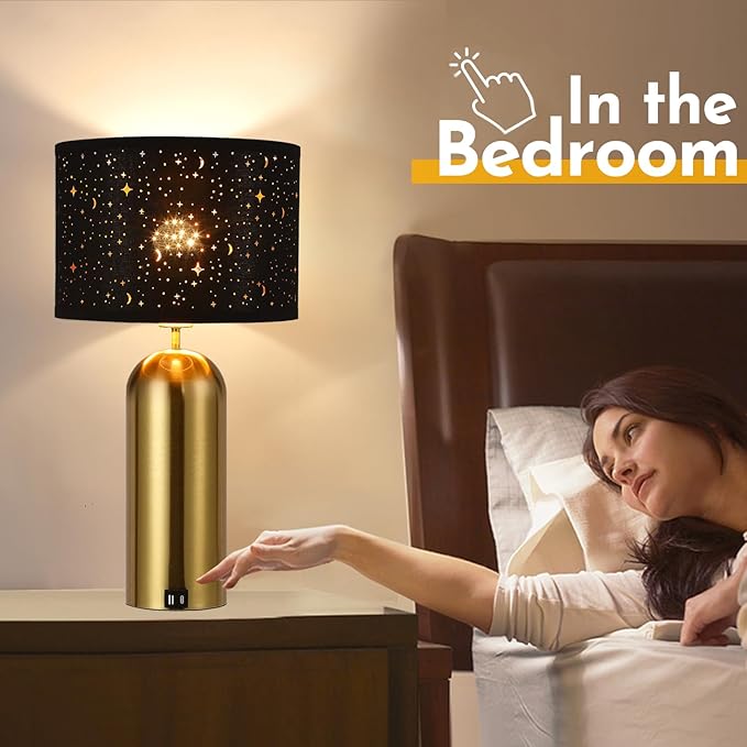 Touch Control Lamps Set of 2 Gold Table Lamps 3-Way Dimmable with USB A+C Ports Tall Modern End Table Lamps for Living Room Bedside Nightstand Bedroom Brass Lamp,Black Hallow Shade, 22“
