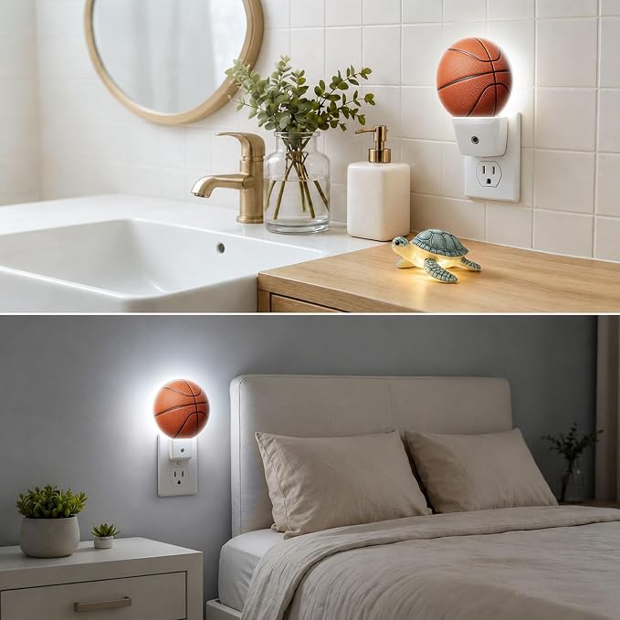LED Night Light Basketball Night Lights Plug into Wall Auto on/Off | Field Sport Ball Plug-in Night Light with Dusk to Dawn Sensor, Energy Saving Nightlight for Hallway Kitchen Living Room