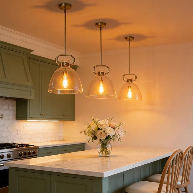 14’’ Large Pendant Lights Kitchen Island, 1-Light Modern Brass Gold Kitchen Island Lighting with Glass Shade, Adjustable Hanging Pendant Light for Dining Room Bedroom Hallway E26