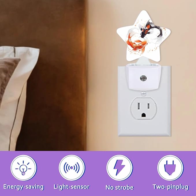 Japanese Koi Night Lights Plug Into Wall,Watercolor Fish Dusk to Dawn Light Sensor Night Light for Kids, Energy Efficient Sleep Friendly Lamp for Bedroom Bathroom Nursery