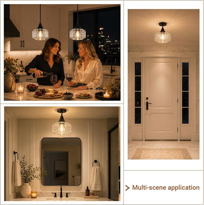 DSMJFU Black Pendant Lights Kitchen Island with Hammered Glass Over Table | 2-in-1 pendant & ceiling light; height adjustable; 90° rotation; adaptable different ceiling types;above kitchen sink light