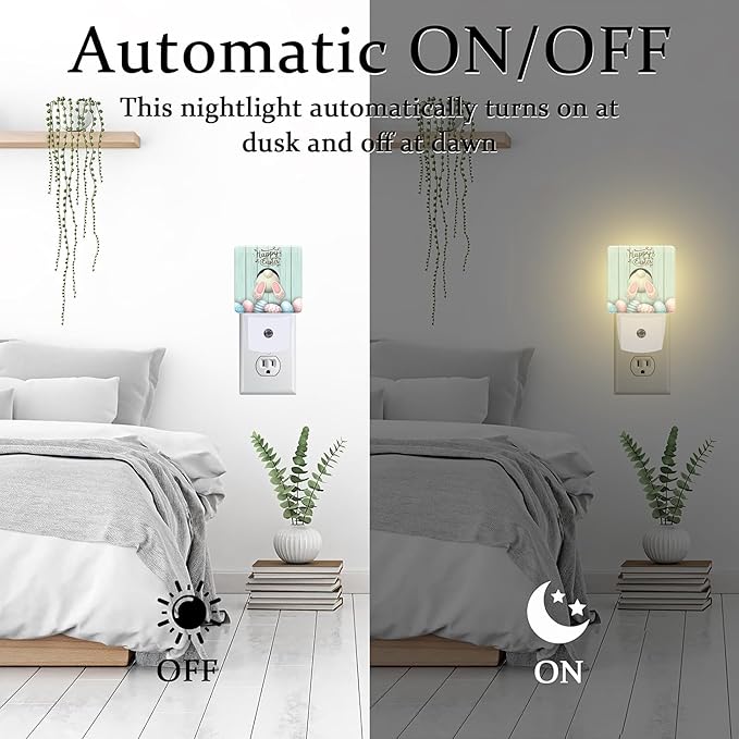 Happy Easter Night Light Plug into Wall,Easter Bunny and Colorful Eggs Dusk to Dawn Night Light,0.5w Energy Saving Sleep Friendly Nightlights for Kids Boys Girls Home Decor