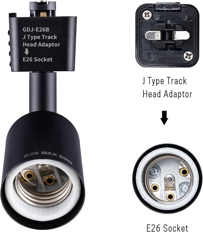 mirrea J Type Track Lighting Head to E26 Medium Screw Base Adapter Light Direction Adjustable Pack of 12 (Black)