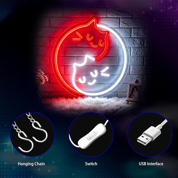 Neon Sign, Cat Neon Signs for Wall Decor LED Signs Neon Light | Yin Yang Cat Neon Sign for Bedroom, Kids Room, Gaming Room, Living Room, Party, Bar, Home Decor, Boys Gift, USB Powered
