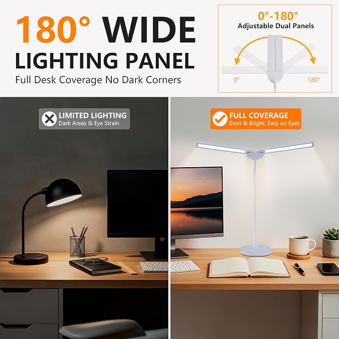 LED Desk Lamp, 2400 Lux Bright Desk Lamp for Home Office, Dual Head Adjustable Desk Lamp with 5 Color Modes, Stepless Dimming, 360° Gooseneck, Auto Timer, Eye Caring Task Light