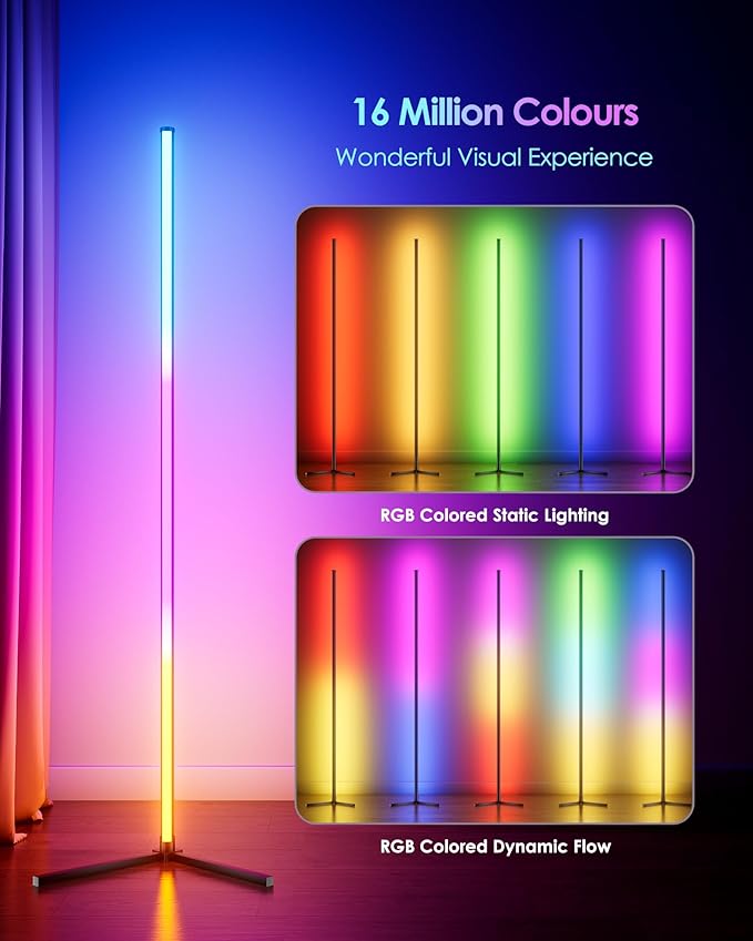 65" Smart RGB Floor Lamp with App/Remote Control, Color Changing LED Corner Lamp with Music Sync & Timer, Corner Lighting for Living Room, Bedroom, Gaming Room