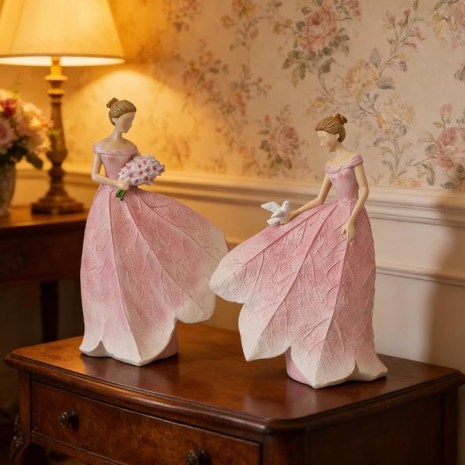 Guichifun Pink Leaf Angel Girls Fairy Statue Collection Home Decoration | Resin, Home Garden Patio Living Room Decor, Memorial Gift for Mom 7.5 x 4.5 x 11.5 Inch