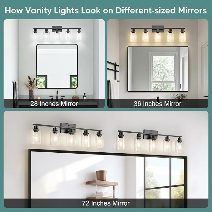 Ascher Bathroom Light Fixtures, 5-Light Vanity Light Over Mirror, Matte Black Wall Sconces with Clear Glass Shades, Wall Lamp for Living Room Bedroom, E26 Base(Bulbs Not Included)