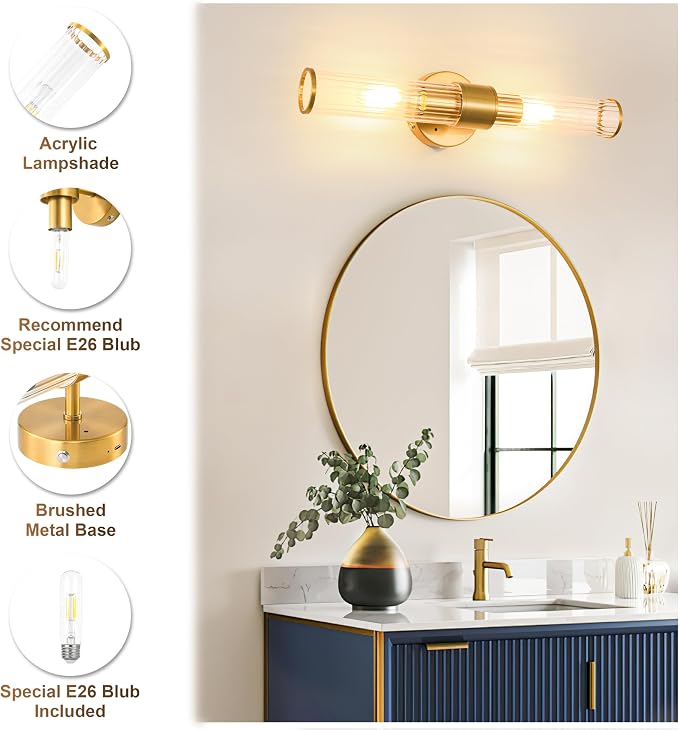 Morauroral Brushed Gold Battery Operated Wall Sconce, Dimmable Rechargeable Wall Light with Remote, Touch Control, Modern LED Wireless Sconce for Living Room, Bedroom, 20 Inch