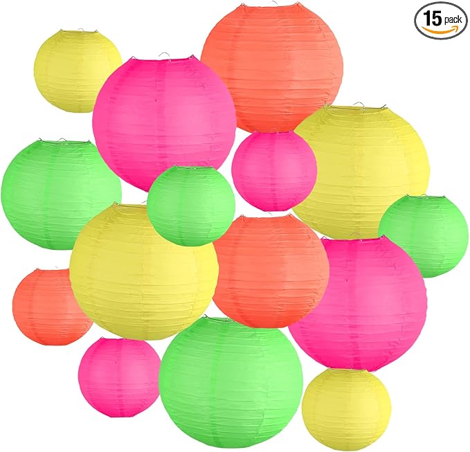 15-Pack Glow in the Dark Party Supplies, Neon Party Decorations | UV-Reactive Colorful Hanging Paper Lanterns for Birthday, Wedding, Baby Shower, Classroom Decor, Bars & Blacklight Events