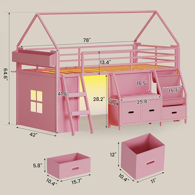 ADORNEVE Low Loft Bed Twin Size with Bookshelf, Reading Nook & 3 Drawers | Kids Loft Bed, LED, Storage Drawers, Beside Box, Under-Bed Play Space,Safety Guardrail, Inclined Ladde, Play Curtain, Pink