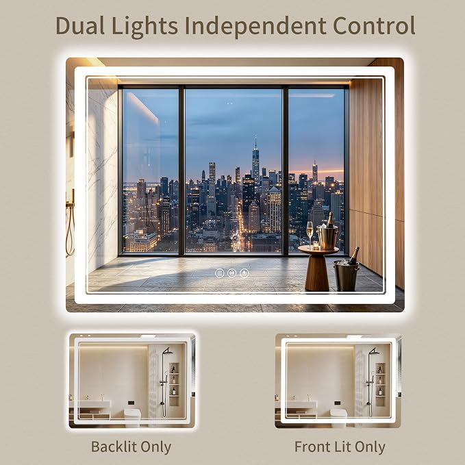 36"x48" LED Bathroom Mirror with Lights, Backlit + Front Lit, Anti-Fog, Lighted Bathroom Mirror for Wall, HD Shatterproof Tempered Glass, Dimmable, Memory Function (Horizontal/Vertical)