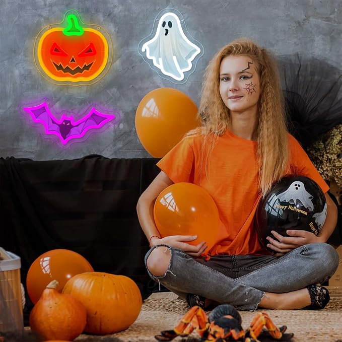 3Pcs Halloween Neon Signs Set Dimmable Pumpkin Ghost Bat Led Neon Light | USB Powered UV-Printed Spooky Neon Light Up Sign for Game Room Wall Halloween Party Presents Holiday Home Decorations
