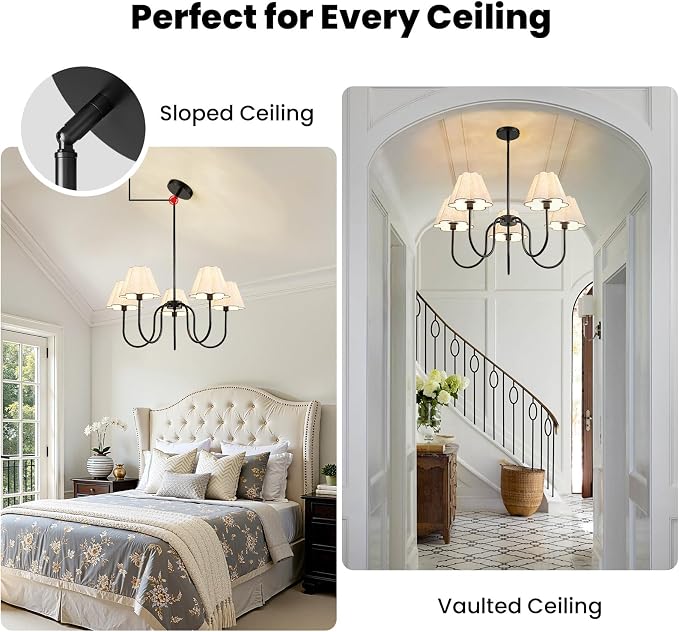 RUIYEY Gold Chandeliers for Dining Room - 28" 5-Light Modern Mid-Century Chandelier with Flower Scalloped Fabric Shades, Height Adjustable Farmhouse Pendant Ceiling Light Fixture for Bedrooms Kitchen