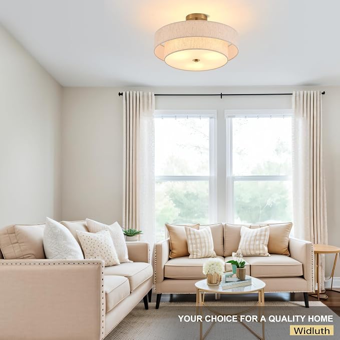 18" Gold Semi Flush Mount Ceiling Light, 3-Light Double Drum | Beige Linen Double Drum Shade, Modern Gold Light Fixture For Bedroom,Living, Kitchen,Laundry; Close-To-Ceiling, E26, Dimmable