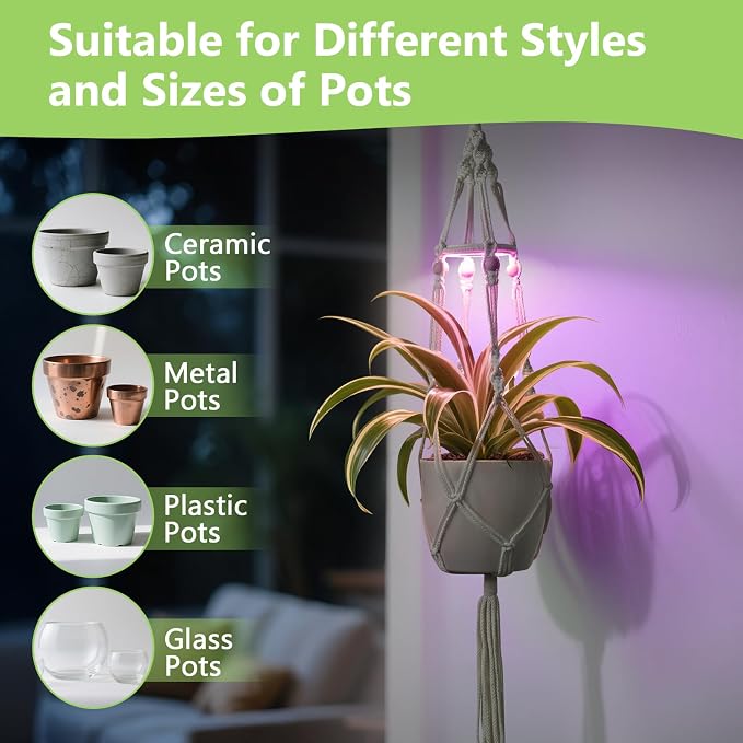 2 Pack Macrame Plant Hanger with Grow Light for Indoor Plants | 10 Brightness, 3 Light Modes, 3/9/12H Timer, Fits 5-9 in Pots, Cotton Rope, Boho Decor, Pots Not Included
