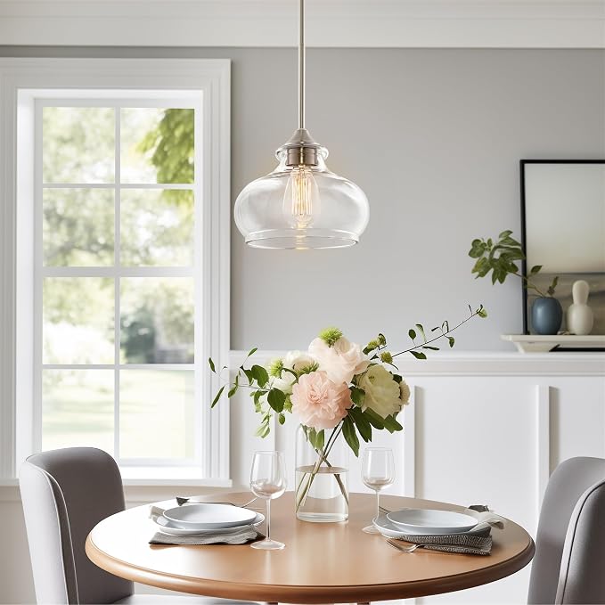 Kira Home Harlow 9" Modern Schoolhouse Pendant Light for Ktichen Island | Clear Glass Shade, Industrial Farmhouse Silver Hanging Fixture, Premium Brushed Nickel Finish