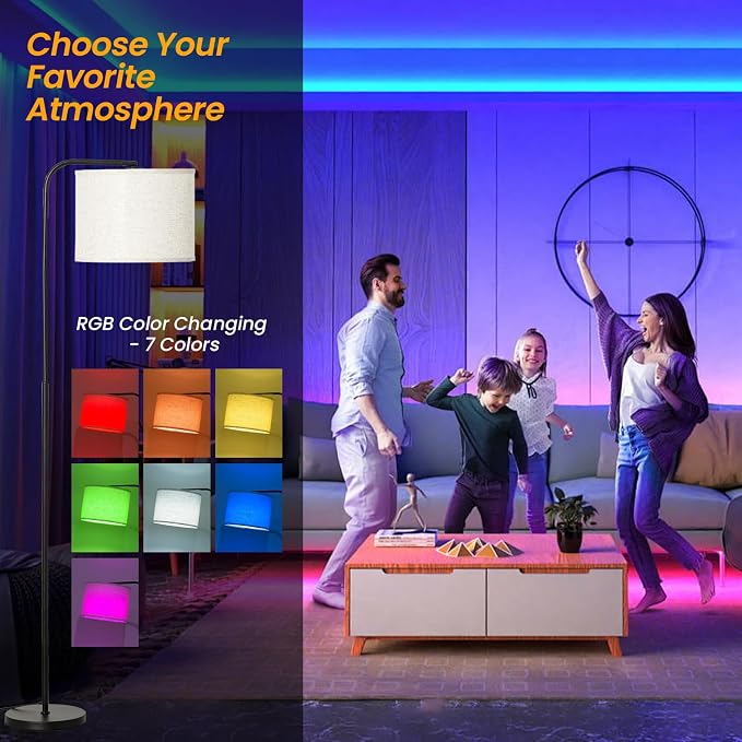 Arc RGB Floor Lamp with Remote and Dimmable Black lamps for Living Room | Modern Tall Standing Lamp for Bedroom Corner and Office wiht Adjustable Hanging Drum Shade Over Couch Arched Reading Light