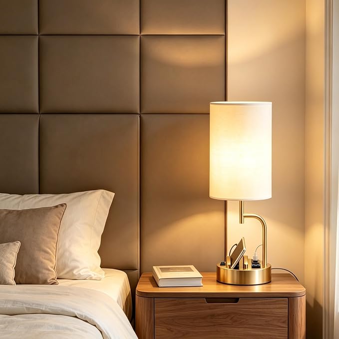 Dreamholder 2 Pack Table Lamp, Bedside Lamp with 3 USB Charging Ports & AC Outlet, USB Desk Lamp with 2 Phone Holders, Linen Fabric Shade Nightstand Lamps for Bedroom Living Room Office, Gold