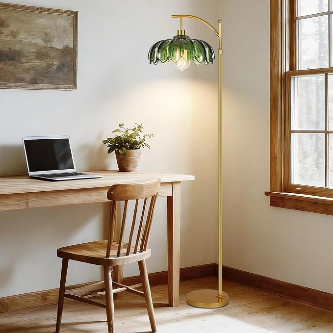 QIYIZM Gold Floor Lamp for Living Room,Bedroom,Mid Century Modern Standing Lamp with Remote,Dimmable Brass Tall Lamp Green Glass Lamp Vintage Retro Arc Floor Lamps Flower Floor Light Boho Bohemian