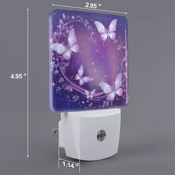 Purple Butterfly Night Light Set of 2, Sparkle Star Auto Sensor LED Dusk-to-Dawn Nightlights, Plug-in Sensor Lamp for Bedroom Bathroom Kitchen Hallway Stairs Decorative