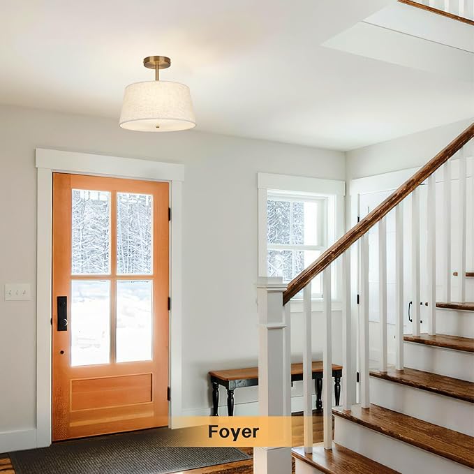 CALOKES Cone-Shaped Semi Flush Mount Modern Ceiling Light Fixture, 3-Light Drum Lamp with Gold Brass Finish and Beige Fabric Shade for Bedroom, Kitchen, Dining Room, Hallway, Entryway, and Foyer