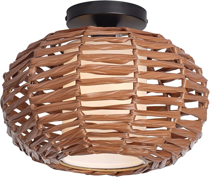 CALOKES Boho Semi Flush Mount Ceiling Light, Rattan Style Hand Woven Shade, Farmhouse Ceiling Fixture for Bedroom, Kitchen, Hallway, Entryway