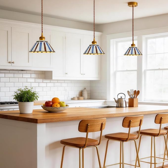 Vintage Striped Ceramic Pendant Light, 7in Hand-Painted Small Porcelain Hanging Light with Gold Metal, Antique Chandelier for Kitchen Island, Dining Room, Bedroom Bedside, Restaurant, Corridor