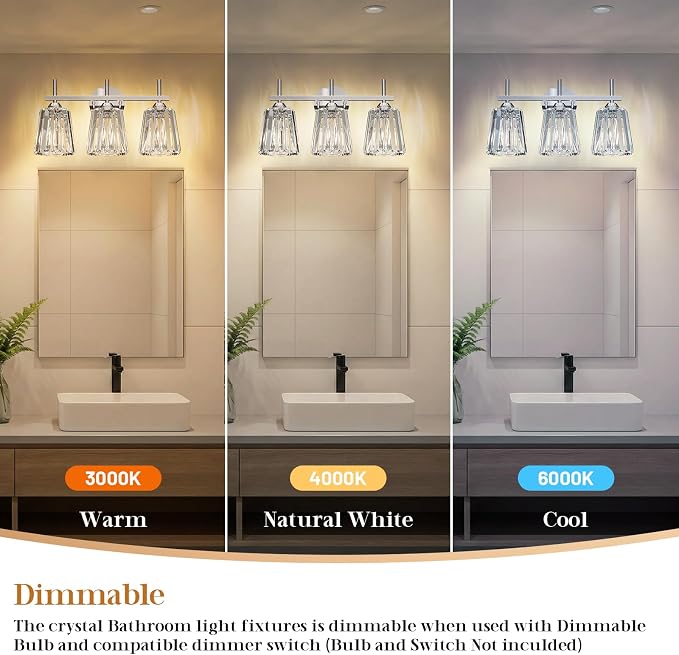 Crystal Bathroom Light Fixtures Over Mirror, Chrome 3-Light Bathroom Vanity Lights Over Mirror Modern Wall Lighting Sconces with Ceramic E26 Base (Bulbs Not Include)