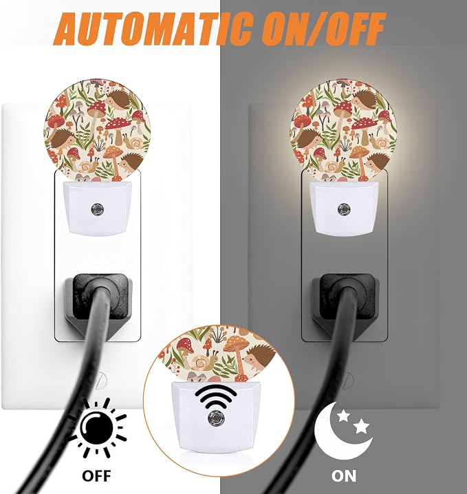 Cute Mushroom Wild Animal Night Light,Hedgehogs Snails Nightlight Plug into Wall LED Lamp Auto Sensor Dusk to Dawn for Bedrooms/Kitchens/Toilets/Corridors,Energy-Saving