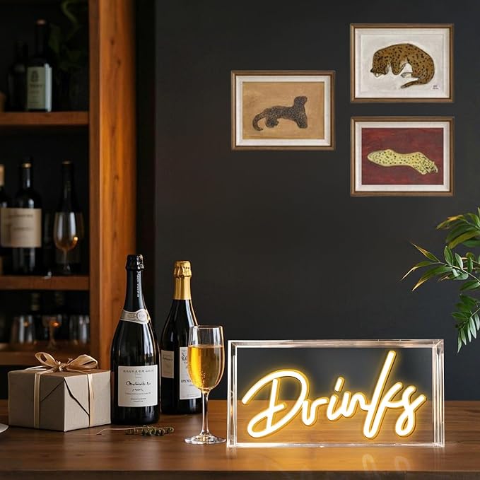 Drinks Neon Sign, Drinks Signs USB LED Desk Lightbox with ON/OFF Switch, Light Up Sign for Table Decor, Home Bar, Kitchen, Club, Pub, Restaurant Wall Decor & Bar Cart Accessories (Warm White)