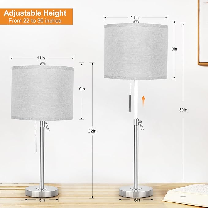 Table Lamps for Bedrooms Set of 2, 22" to 30" Height Adjustable Nightstand Lamps with Linen Shade, Pull Chain Switch Lamps for Living Room, 3 Way Dimmable Bedside Lamp